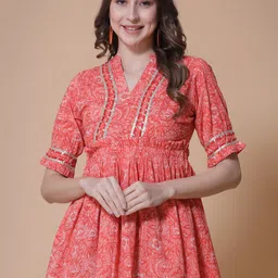 God Bless Floral Printed Mandarin Collar Pleated Ruffles Cotton A-Line Top-picture-58