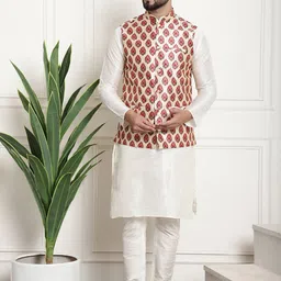 SOJANYA Men Cream-Coloured Floral Printed Layered Kurta with Dhoti Pants-image-10