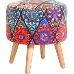 Shadowkart Blue & Pink Ethnic Motifs Printed Wooden Pouffe Ottoman image 5