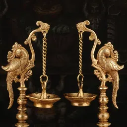 PujaNPujari Gold Toned & Brown 2 Pieces Standing Peacock Design Hanging Diyas-5