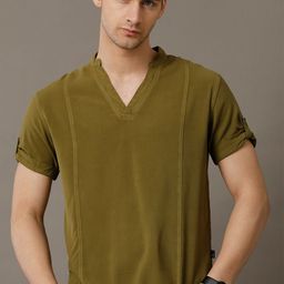 IDENTITI Slim Fit Mandarin Collar Roll-Up Sleeves Casual Shirt-image-14