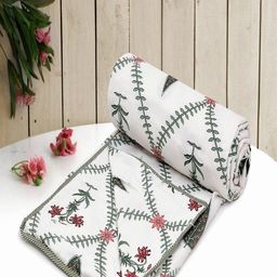 CHICERY White & Green Floral AC Room 210 GSM Cotton Single Bed Dohar-image-50
