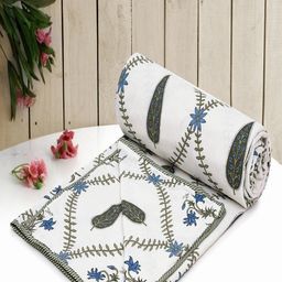 CHICERY White & Green Floral AC Room 210 GSM Cotton Single Bed Dohar-image-49