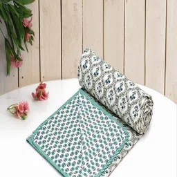 CHICERY White & Turquoise Blue Floral AC Room Cotton 210 GSM Single Bed Dohar-image-2