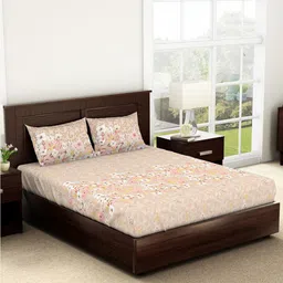 SPACES Beige & White Floral 140 TC Queen Bedsheet with 2 Pillow Covers-51