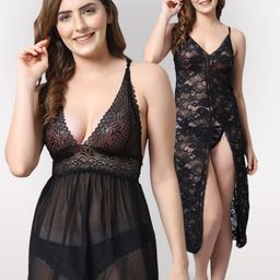 Shararat Black Set Of 2 Lace Baby Dolls-image-103