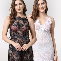 Shararat Women Pack Of 2 Black & White Lace Baby Doll-image-29
