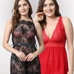 Shararat Women Pack Of 2 Black & Red Lace Baby Doll-picture-18