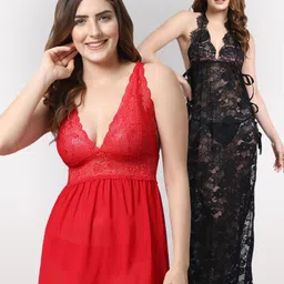 Shararat Red & Black Set Of 2 Lace Baby Dolls-4
