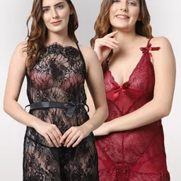 Shararat Black & Maroon Set Of 2 Lace Baby Doll-12