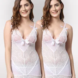 Shararat White Set Of 2 Lace Baby Dolls-17