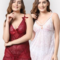 Shararat Maroon & White Set Of 2 Lace Baby Dolls-image-33