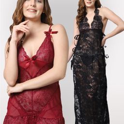 Shararat Maroon & Black Set Of 2 Lace Baby Dolls-8