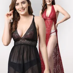 Shararat Black & Maroon Set Of 2 Lace Baby Dolls-image-82