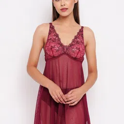 Enamor Maroon Baby Doll Nightwear-image-18