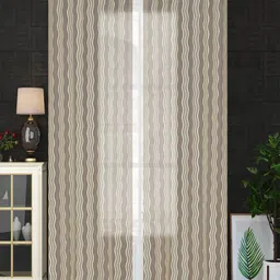Homefab India Wavenet Cream-Coloured & Green 2 Pieces Self Design Sheer Long Door Curtains-image-19