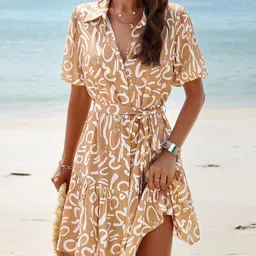 Mast & Harbour KhakiAbstract Printed Shirt Collar A-Line Dress-picture-41
