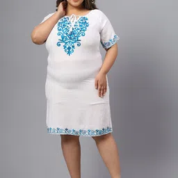 SAAKAA Plus Size Floral Embroidered Tie-Up Neck A-Line Dress-18