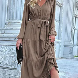 StyleCast Brown V Neck Puff Sleeves A Line Maxi Dress-image-60
