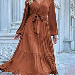 StyleCast Brown V-Neck Cuffed Sleeves Tiered Maxi Dress-image-90