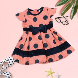 MeeMee Peach-Coloured & Black Polka Dot Printed Fit & Flare Cotton Dress-picture-18