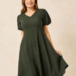 Styli Olive Green Self Design V-Neck A-Line Midi Dress With Puff Sleeves-picture-3