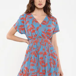 RAREISM Printed V-Neck Fit & Flare Dress-image-29
