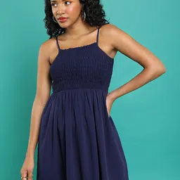 Tokyo Talkies Navy Blue Shoulder Straps Smocked Fit & Flare Dress-image-41