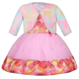 Wish Karo Girls Ethnic Motifs Printed Round Neck Bow Net Fit & Flare Dress With Shrug-image-60
