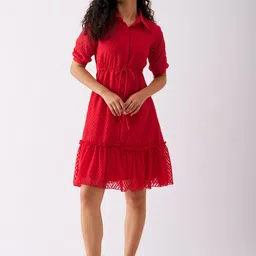 AASK Self Design Shirt Collar Fit & Flare Dress-image-47