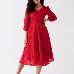 AASK Geometric Self Design Tie Ups Wrap Dress-18