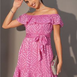 Tokyo Talkies Pink Geometric Printed Off-Shoulder Fit & Flare Mini Dress-image-28