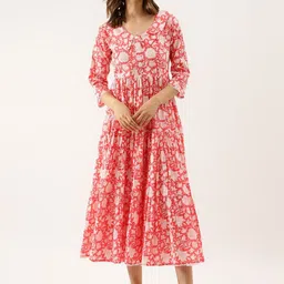 KALINI Floral Print Above the Keyboard Collar Gather Tiered Cotton Fit & Flare Midi Dress-7
