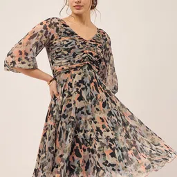 Antheaa Black Abstract Printed Puff Sleeves Gathered Fit & Flare Dress-picture-6