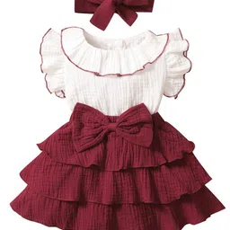 StyleCast Girls Maroon Self Design Bow & Layered Fit & Flare Dress With Hairband-picture-17