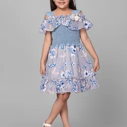 Macwin Girls Floral Printed Cold-Shoulder Smocked Denim Fit & Flare Dress-image-60