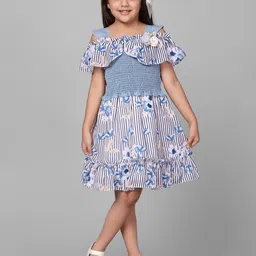 Macwin Girls Striped Cold-Shoulder Denim Fit & Flare Dress-11