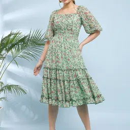 Antheaa Floral Printed Flared Sleeve Fit & Flare Dress-image-60