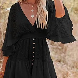 StyleCast Black Self Design Flared Sleeves Fit & Flare Dress-image-91