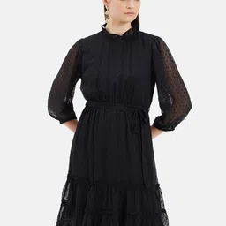 Kazo Self Design Puff Sleeve Chiffon Fit & Flare Dress-image-10