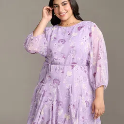 20Dresses Plus Size Purple Floral Print Puff Sleeves Chiffon Fit & Flare Dress-picture-23
