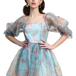 Rujave Floral Printed Puff Sleeve Applique Organza Fit & Flare Dress-image-75