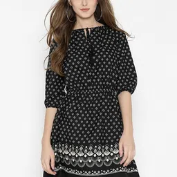 Sera Ethnic Motifs Print Tie-Up Neck Crepe Fit & Flare Dress-35