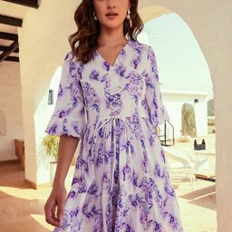 Athena Lavender Floral Printed Flared Sleeves Lace-Up Fit & Flare Mini Dress-picture-18