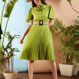 SASSAFRAS Flared Sleeves Frill Neck Accordion Pleated Fit & Flare Midi Dress-image-53
