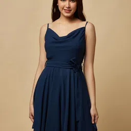 RAASSIO Solid Georgette Fit & Flare Dress-image-2