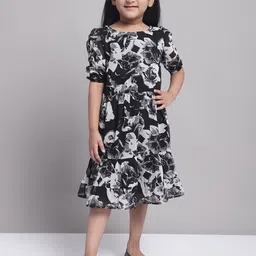 MINI & MING Girls Floral Print Puff Sleeves Georgette Fit & Flare Dress-image-31