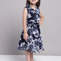 MINI & MING Girls Floral Print V-Neck Sleeveless Georgette Fit & Flare Dress-picture-2
