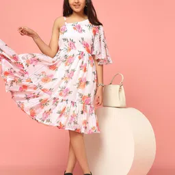 BAESD One Shoulder Floral Print Flared Sleeve Georgette Fit & Flare Dress-image-78