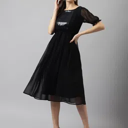 BAESD Embellished Puff Sleeve Georgette Fit & Flare Dress-picture-10